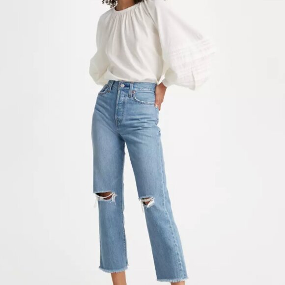 Levi's Wedgie Straight Crop Jeans Premium Distressed Button Fly, Raw Hem Denim - Picture 3 of 6